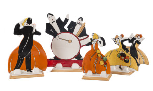 Four Bizarre by Clarice Cliff Wedgwood "Age of Jazz" figures, circa 1996, stamped "Bizarre by Clarice Cliff, Wedgwood, Clarice Cliff, Made In England, Based Upon An Original, Hand Painted",