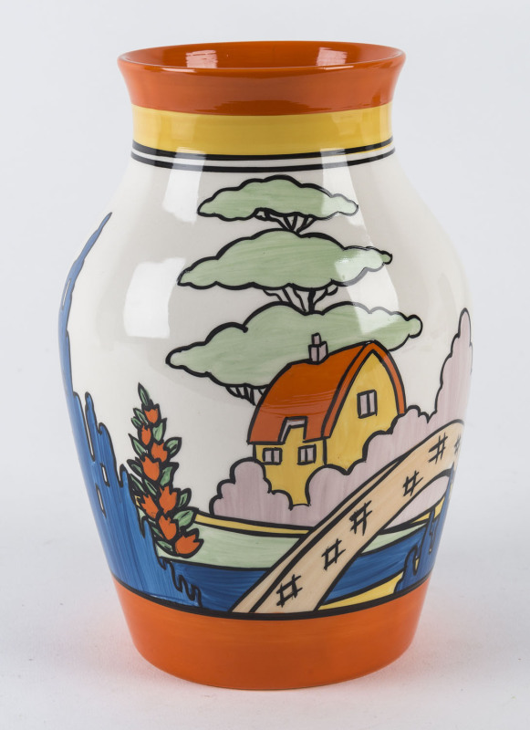 Bizarre by Clarice Cliff Wedgwood "Orange Roof Cottage" vase, circa 2000, stamped "Bizarre by Clarice Cliff, Wedgwood, Clarice Cliff, Made In England, Based Upon An Original, Hand Painted",