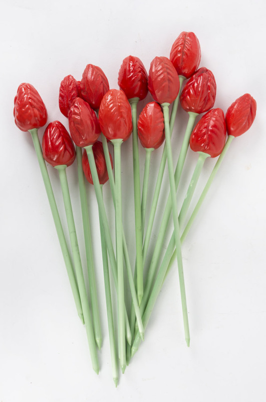 Fifteen vintage red glass tulips, Czechoslovakia, circa 1930s,the tallest 31cm