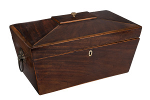 A Georgian tea caddy, mahogany with beech inlay, whalebone knobs and brass lion handles, early 19th century,