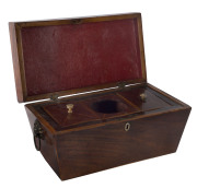 A Georgian tea caddy, mahogany with beech inlay, whalebone knobs and brass lion handles, early 19th century, - 2