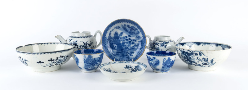 18th Century English porcelain including Cauley and Liverpool teapots, Worcester bowls, Willow pattern tea ware and Cauley dish,