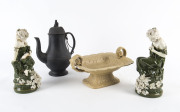 Georgian Wedgwood black basalt coffee pot, Victorian salt glazed comport and pair of Continental porcelain figurines, 19th century,