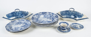 Assorted English blue and white porcelain tableware including rare Davenport tureens circa 1830, dinner bowls, Spode dishes and cup, 19th century,