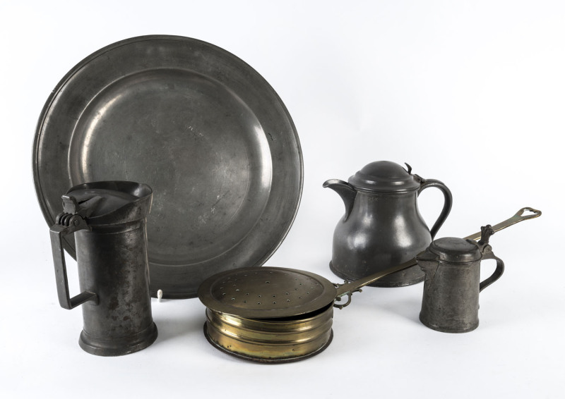 Brass bed warmer, large pewter charger and three pewter vessels, 19th century,