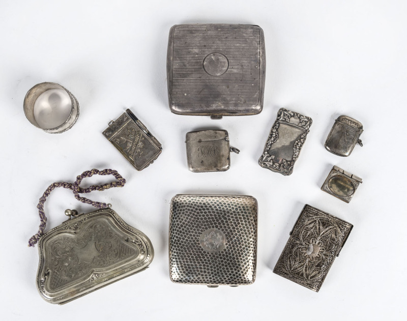 Group of sterling silver and silver plated vestas, cigarette and card cases, napkin ring etc,