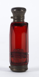 A ruby glass double-ended scent bottle with silver caps and vinaigrette end, 19th century,