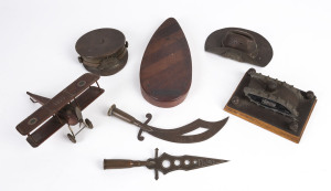 WW1 TRENCH ART Aeroplane on stand dated 1919, two Australian hats, a tank and two paper knives,