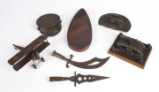 WW1 TRENCH ART Aeroplane on stand dated 1919, two Australian hats, a tank and two paper knives,