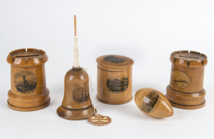 Mauchline ware castle money boxes, match holder, egg-shaped box and cylindrical box, 19th century,