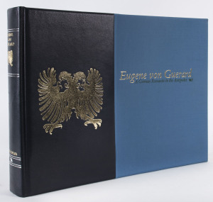 "Eugene Von Guerard A German Romantic In The Antipodes" published by Alister Taylor [N.Z. 1982], limited edition 255/500 copies, near mint very large and weighty sumptuous book in 2/5ths black morocco leather and blue cloth bevelled edge covers; very brig