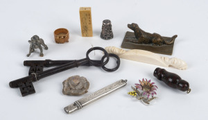 Antique Scottish agate fox whistle, antique door keys, ivory ornaments, silver thimble and pencil, ornaments and mineral specimen