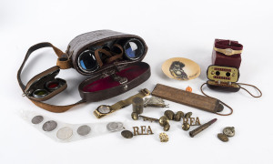 Box of assorted military buttons, binoculars, watches, jewellery, coins etc