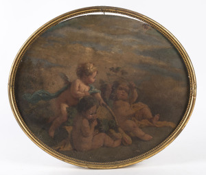 ARTIST UNKNOWN 18th/19th century, three cherubs, oil on oval-shaped board,