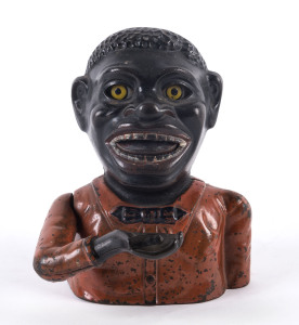 An American painted cast iron money box by J. & E. Stevens Co. Cromwell Conn. U.S.A., 18cm high