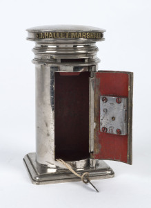 Hallett Marshall American nickel plated money box, 19th century, with key,