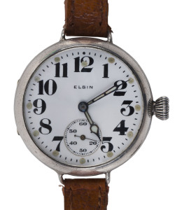 ELGIN Watch Co. early wristwatch in silver case with military inscription, circa 1917