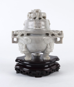 A Chinese mutton jade koro on wooden stand, 20th century,