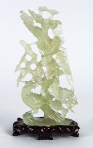 A Chinese carved jade tree with birds on a wooden stand, 20th century,