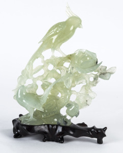 A Chinese jade figure group with three birds on a wooden stand, 20th century,