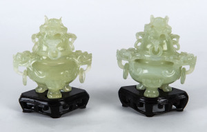 A pair of Chinese carved jade koro and stands, 20th century,