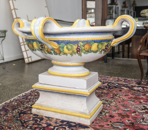 An Italian majolica garden urn on stand, 19th/20th century,