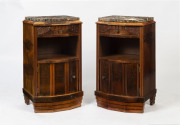 A pair of French Art Deco walnut bedside cabinets with marble tops, circa 1930
