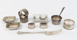 Group of sterling silver, Continental silver and silver plated items including napkin rings, salt cellars, stud box, fork and brandy warmer, ​mostly 19th century,