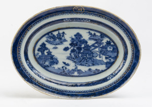 A Chinese Willow pattern oval plate with later French over-gilding, early 19th century,