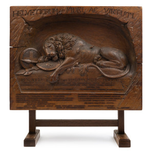 Lion Monument of Lucerne designed by Bertel Thorvaldsen (1770-1884) Switzerland commemorative plaque, carved wood 19th century, the Latin inscription HELVETIORUM FIDEI AC VIRTUTI means "To the loyalty and bravery of the Swiss" referring to the Swiss Guard soldiers who died trying to protect the French Royal family at Tuileries castle in Paris on August 10, 1792. 58 x 55cm