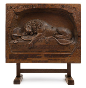 Lion Monument of Lucerne designed by Bertel Thorvaldsen (1770-1884) Switzerland commemorative plaque, carved wood 19th century, the Latin inscription HELVETIORUM FIDEI AC VIRTUTI means "To the loyalty and bravery of the Swiss" referring to the Swiss Guard