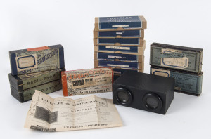 French glass plate stereoviews and viewer by Lumière. Noted French, Italian, North African and Australian scenes, early 20th century