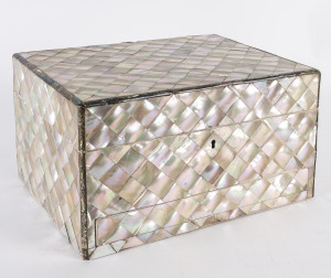 A ladies travelling box, mother of pearl and abalone, fitted with drawer and compartments, mid 19th century,