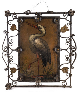 Antique German double-sided pub sign "GASTHAUS ZUM STORCH" (The Stork Guesthouse), handpainted wrought iron, 19th century,
