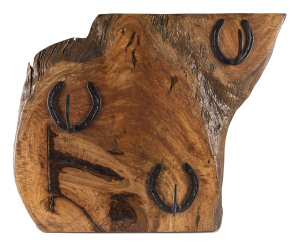 A coat rack, horseshoe and burl timber slab, 20th century,