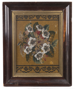 A floral beadwork tapestry in rosewood frame, mid 19th century