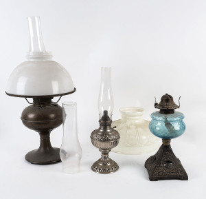 Miller Tiny-Juno oil lamp, Miller brass oil lamp and shade, oil lamp with blue font, milk glass shade and chimney, 19th/20th century,