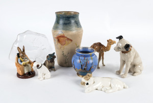 Carlton Ware blue vase, hand-painted vase, Doulton Bunnykins figure, Beswick porcelain camel, Mats Jonasson glass ornament, and four dogs including "His Master's Voice", 20th century,