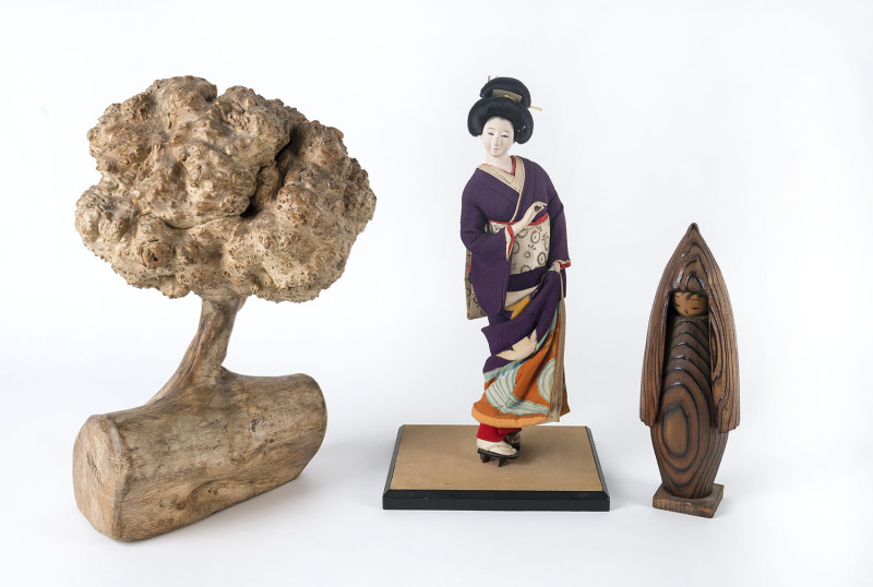 Japanese tree ornament (signed) and two Japanese dolls, 20th century,