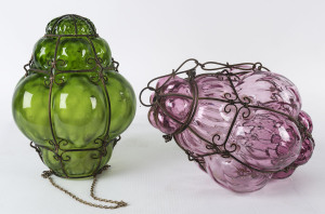 Two Murano glass hanging lights in ruby and green glass, mid 20th century,