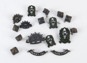 Four 52nd Battalion (The Gippsland Regiment) brass and enamel collar badges (1930 to 1942); three Rising Sun general service badges plus two "AUSTRALIA" badges and eight shoulder badges - 2