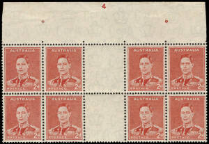 1938 (SG.184) 2d Scarlet KGVI (Die II) interpanneau gutter block (8) showing the complete Plate No.4 accompanied by 2 perf guide pips; BW:188zc. Very fine, hinged in selvedge only. MUH.