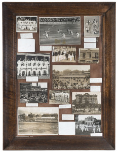 Episodes in England 1934-47: A framed display incorporating original press photographs of the 1938 and 1947 Australian Teams, dramatic moments in play, the scoreboards at critical moments, Don Bradman shaking hands with King George V and King George VI as well as being carried off the field (1938) after injuring his foot. Bradman has signed each of the 15 items which make up the display, although some of the pen signatures are now somewhat faded. Overall 107 x 81cm.