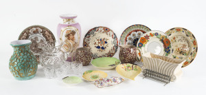 A collection of English porcelain cabinet plates including Doulton, Carlton Ware dishes, Lord Nelson jugs, Italian porcelain jug, Art Deco trough, Victorian glass mantle vase with transfer portrait and a fine crystal jug with 4 glasses, 19th and 20th century,