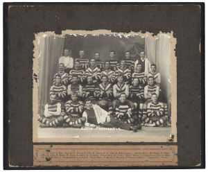 SOUTH FREMANTLE Football Club 1907 official team photograph, block mounted, 28 x 32cm overall. (Some peripheral damage does not affect the image.)
