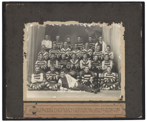 SOUTH FREMANTLE Football Club 1907 official team photograph, block mounted, 28 x 32cm overall. (Some peripheral damage does not affect the image.)