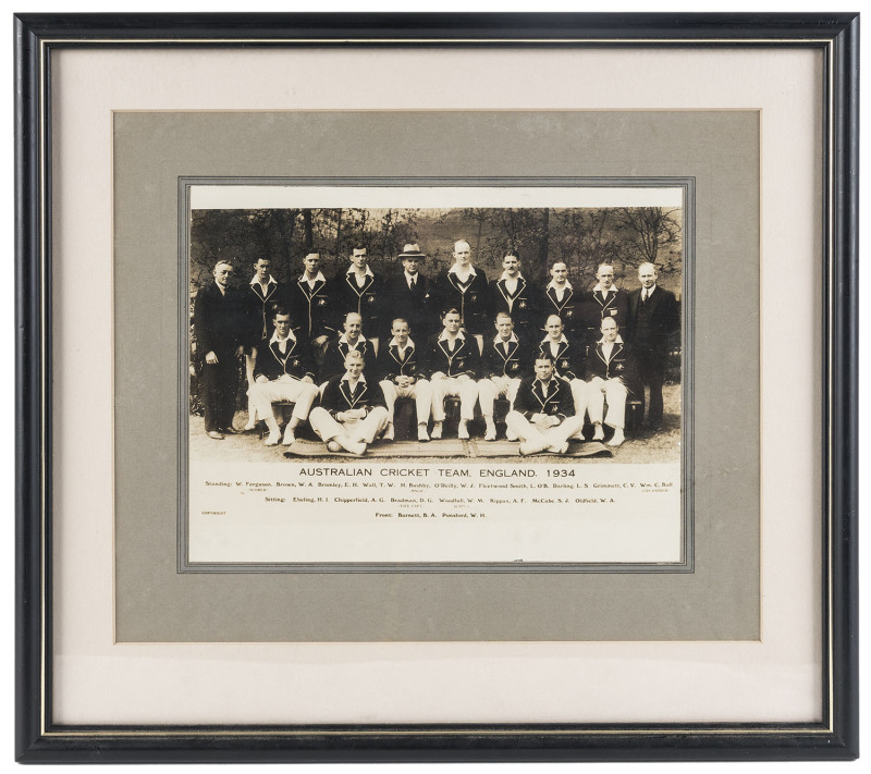 AUSTRALIAN CRICKET TEAM, ENGLAND 1934 official team photograph (17 x 22cm), together with an autographed letter to Ern Bromley on letterhead "Australian Board Of Control For International Cricket" dated 5th Feb. 1934, signed W.H. Jeanes (Secretary), block