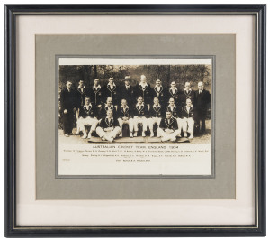 AUSTRALIAN CRICKET TEAM, ENGLAND 1934 official team photograph (17 x 22cm), together with an autographed letter to Ern Bromley on letterhead "Australian Board Of Control For International Cricket" dated 5th Feb. 1934, signed W.H. Jeanes (Secretary), block mounted and laminated with the associated envelope. (2 frames).