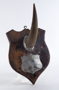 A mounted horn on shield board with silver plaque "Finally Won By Battalion Senior Cadets Commanding", 19th century,