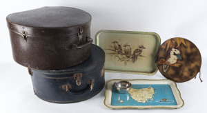 Two hat cases, two Australiana serving trays, doyley cover and kookaburra bowl, 20th century,trays 42cm across